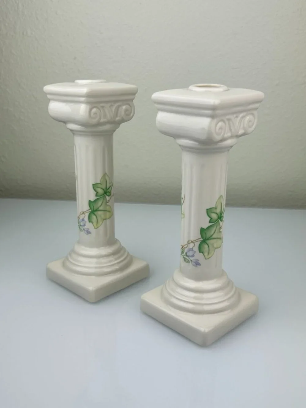 Belleek Classic Ivy Column Taper Candlesticks Ireland Ceramic Green Mark Home